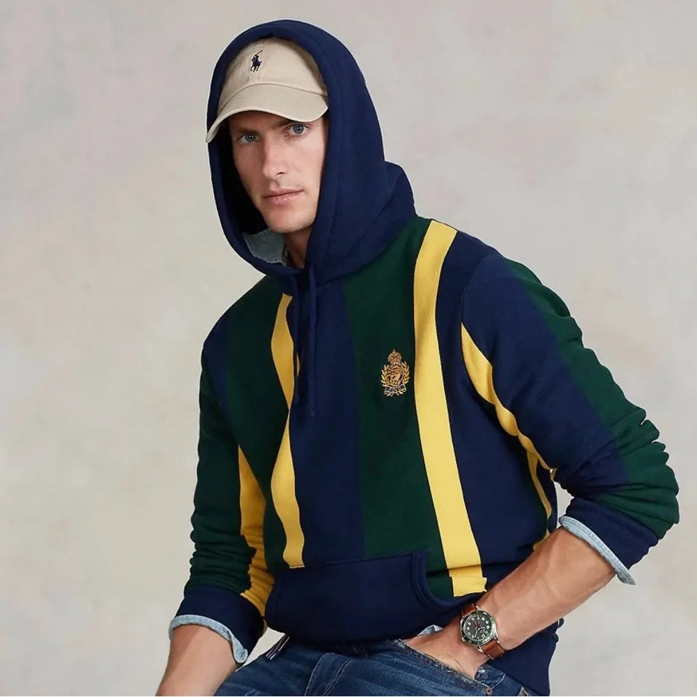 Polo Ralph Lauren Crest Striped Fleece Pullover Hoodie - Picture 1 of 8
